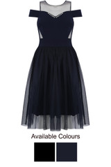Off Shoulder Net Overlay Skater Dress - 2 Colours