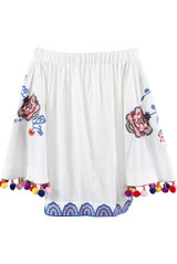 Off Shoulder Embroidered Pom Pom Blouse - 2 Colours