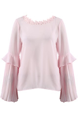Flower Neckline Pleated Sleeves Blouse - 3 Colours