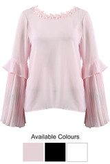 Flower Neckline Pleated Sleeves Blouse - 3 Colours