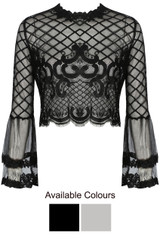 Lace Mesh Overlay Bell Sleeves Tops - 2 Colours