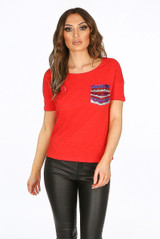 Round Neck T-Shirt With Sequin Pocket - 3 Colours