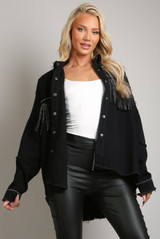 Black Denim Jacket With Diamante Fringe