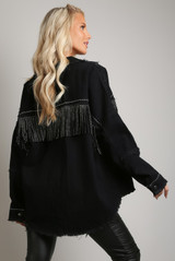 Black Denim Jacket With Diamante Fringe