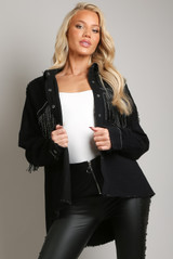 Black Denim Jacket With Diamante Fringe