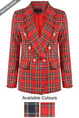 Tartan Fringe Trim Double Breasted Blazer