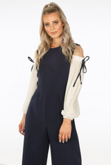 Contrast Sleeves Cold Shoulders Jumpsuit