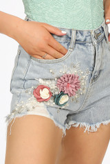 Applique & Pearls Trim Ripped Shorts