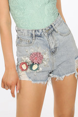 Applique & Pearls Trim Ripped Shorts