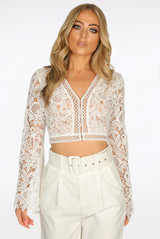 Long Sleeve Contrast Crochet Crop Top