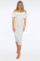 Neoprene Ruffle Bardot Midi Dress