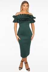 Neoprene Ruffle Bardot Midi Dress