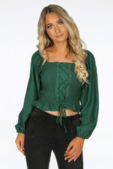 Shirred Lace Up Bardot Top