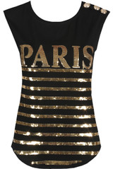 'PARIS' Gold Sequin Trim Slogan Tee