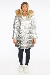Foil Puffer Coat with Faux Fur Hood