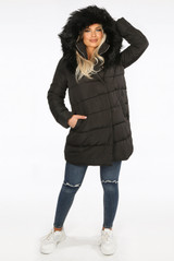 Wrap Puffer Coat with Faux Fur Hood