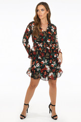 Black Floral Print Chiffon Mini Dress