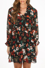 Black Floral Print Chiffon Mini Dress