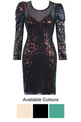 Sequin Puff Shoulders Midi Dress