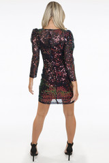 Sequin Puff Shoulders Midi Dress