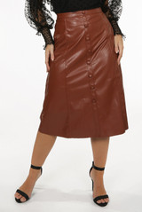 Faux Leather Button Trim Midi Skirt