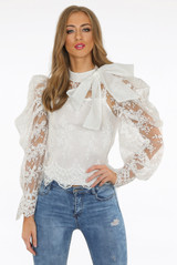  Lace Mesh Knot Collar Blouse