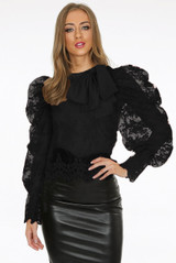  Lace Mesh Knot Collar Blouse