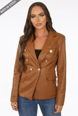 Faux Leather Golden Button Double Breast Blazer 