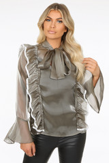 Contrast Frilled Front Knot Blouse