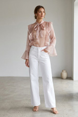 Contrast Frilled Front Knot Blouse
