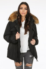 Natural Fur Hood Tie Up Parka Coat