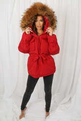 Natural Fur Hood Tie Up Parka Coat