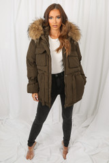 Natural Fur Hood Tie Up Parka Coat