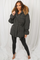 Natural Fur Hood Tie Up Parka Coat