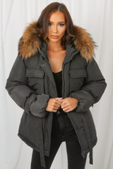 Natural Fur Hood Tie Up Parka Coat