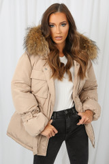 Natural Fur Hood Tie Up Parka Coat