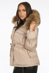 Natural Fur Hood Tie Up Parka Coat