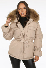 Natural Fur Hood Tie Up Parka Coat