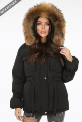 Natural Fur Hood Tie Up Parka Coat