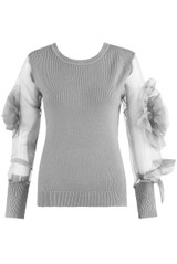 Flower Trim Mesh Sleeve Round Neck Jumper