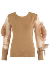 Flower Trim Mesh Sleeve Round Neck Jumper