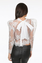 Floral Mesh Sleeve Back Tie Up Blouse