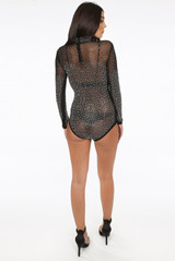 Black Studded Mock Neck Mesh Bodysuit