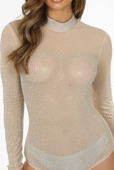 Black Studded Mock Neck Mesh Bodysuit