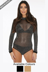 Black Studded Mock Neck Mesh Bodysuit