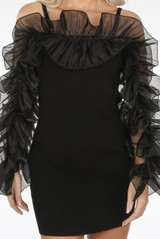 Frill Trim Cold Shoulder Ribbed Midi Dress