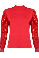 Sequin Sleeves High Neck Ribbed Jumper