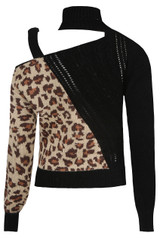 Contrast Animal Print Cut Out High Neck Knitted Jumper