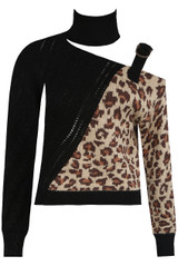 Contrast Animal Print Cut Out High Neck Knitted Jumper