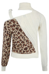Contrast Animal Print Cut Out High Neck Knitted Jumper